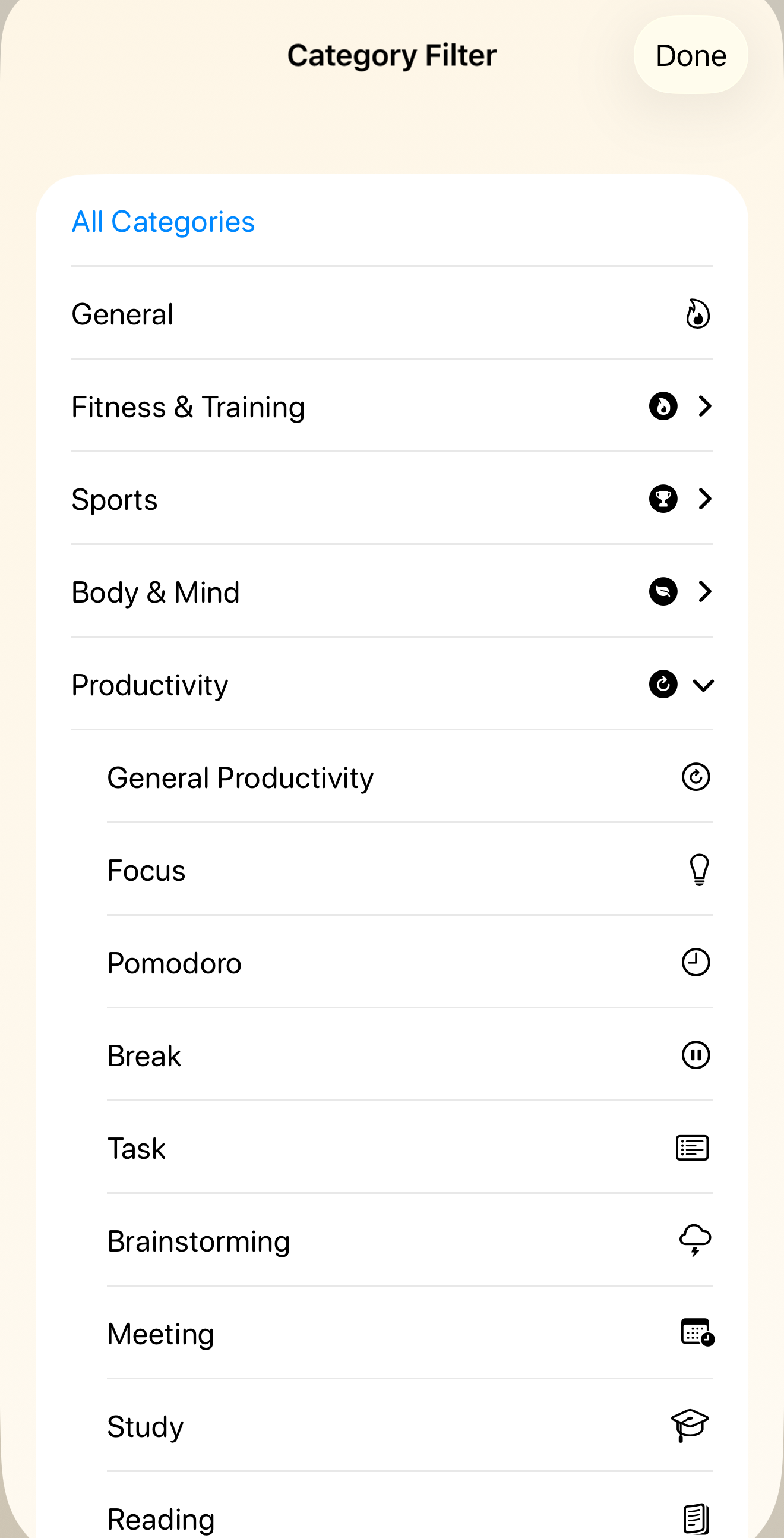 Ultimate Timer category filter showing activity categories