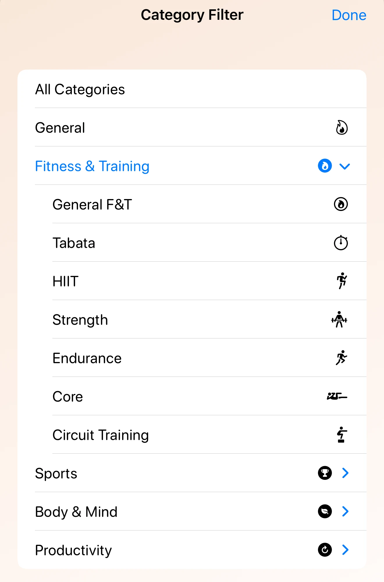 Ultimate Timer category filter showing activity categories