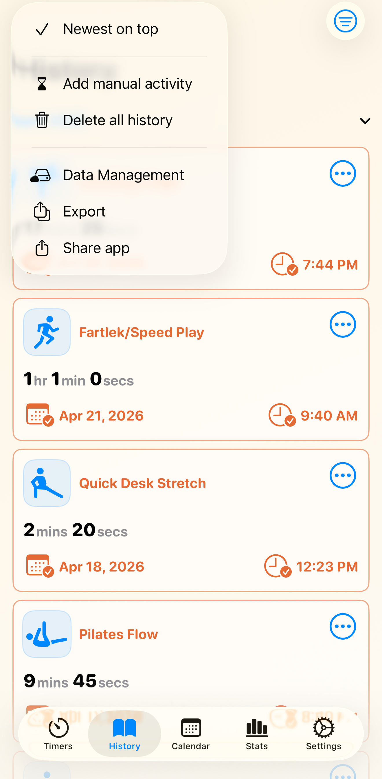 Ultimate Timer history view with recorded activities and export options