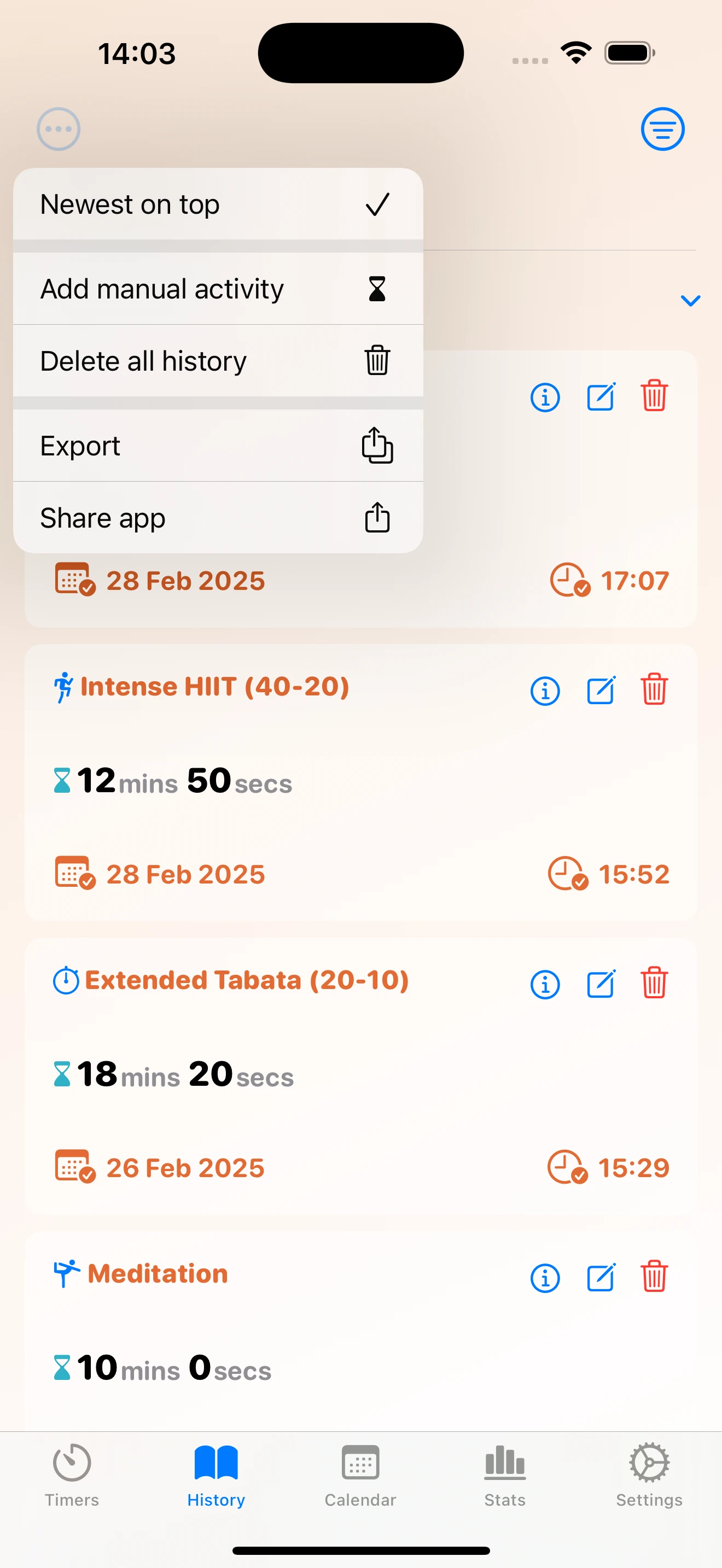 Ultimate Timer history view with recorded activities and export options