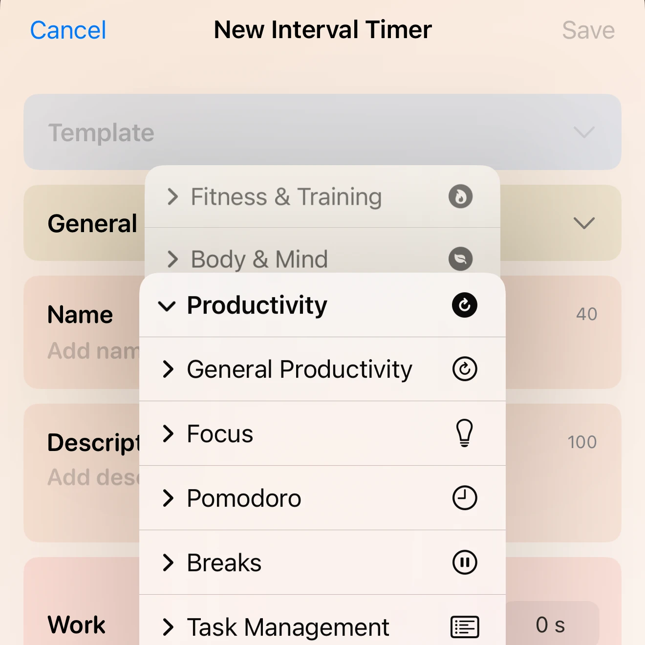 Ultimate Timer setup screen showing category and template selection
