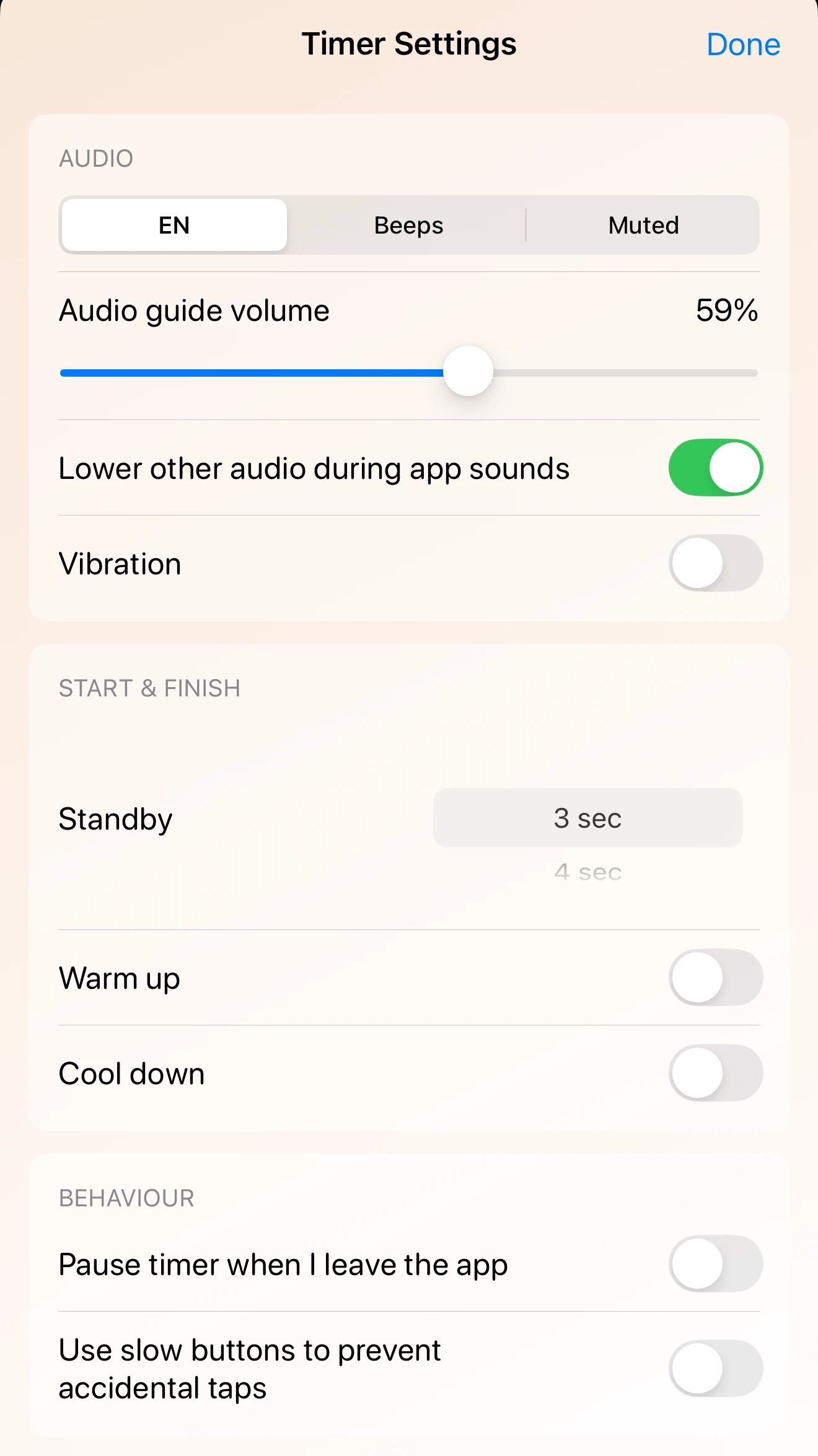 Ultimate Timer settings screen showing audio and timer behavior controls