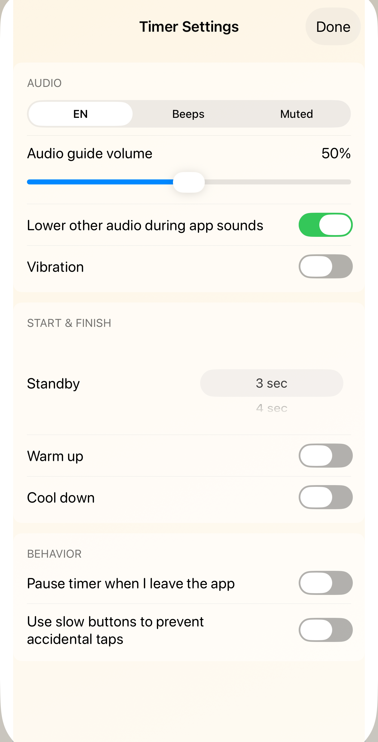 Ultimate Timer settings screen showing audio and timer behavior controls